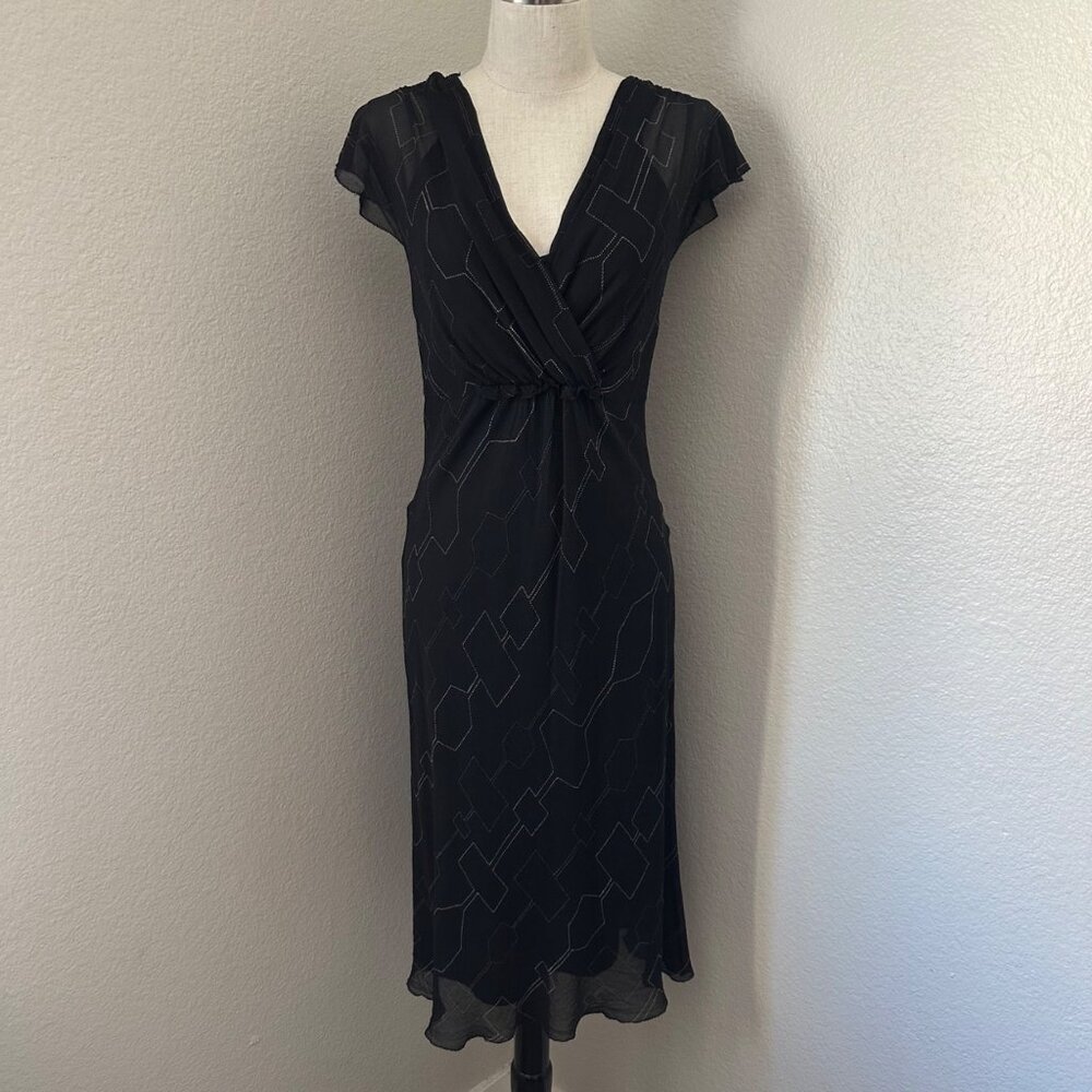 Max Studio Black Abstract Print Silk Midi Dress V Pleated Neck Cap Sleeves Light